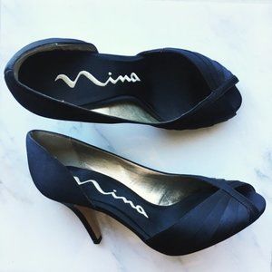 NIB Nina "Fleur" Black Satin Peeptoe Pumps